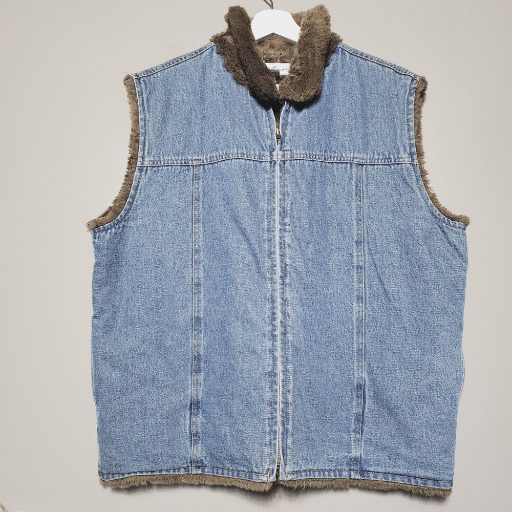 Vintage Fred Thomas Denim Vest Womens Size XL Blue Full Zip Brown Faux Sherpa